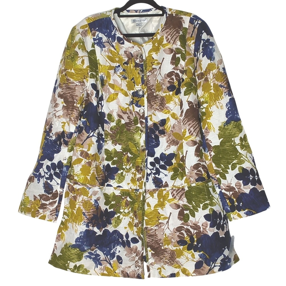 Pendleton Jacket Women XL Blue Green Floral Linen Cotton Blend Car Coat TF939